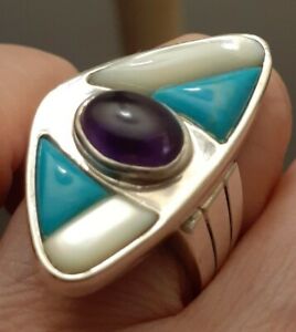 Jay King Mine Finds Sterling Silver Amethyst Turquoise Mother Of Pearl Ring Sz 7