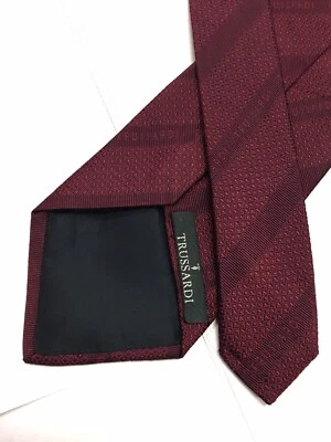 Authentic TRUSSARDI  Striped word Brand Design On Maroon 100%Silk Necktie Tie - Image 1 of 4