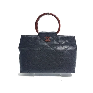 CHANEL CC CC Mark apparel Wood handle Hand Bag Caviar Leather Black - Picture 1 of 15