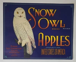 ADVERTISING Label Snow Owl Apples Washington Yakima Perham Bird - Picture 1 of 1