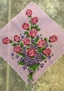 PAÑUELO VINTAGE ALGODÓN 13,5 X 13,5 ROSAS Y VIOLETAS MOTIVO DAÑADO - Imagen 1 de 2