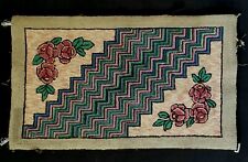 Antique Handcrafted Hook Rug With Roses & Rippled Geometric Design 39" x 24"