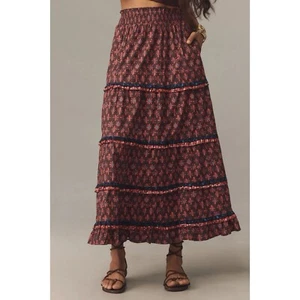 Anthropologie Genevieve Maxi Skirt Womens XL Brown Purple NEW $158 Tiered Cotton - Picture 1 of 11