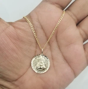 Real 14k Yellow Gold Jesus Head Face Round Pendant Charm 20" Cuban Chain - Picture 1 of 12