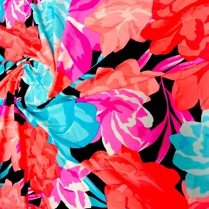 Pink and Blue Coral Hawaiian Flowers Print Nylon Spandex Fabric 4 Way Strech - Picture 1 of 7