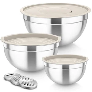 Mixing Bowls, Stainless Steel Nesting Salad Bowls with Lids Set of 3 & 3 Grat... - Picture 1 of 7