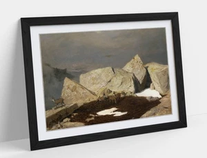 HIGH MOUNTAINS W/ CHAMOIS, ARNOLD BOCKLIN- FRAMED WALL ART PAPER PRINT POSTER - Picture 1 of 10