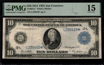 1914 $10 Federal Reserve Note San Francisco FR-951a* STAR NOTE PMG 15 comment - Image 1 of 2
