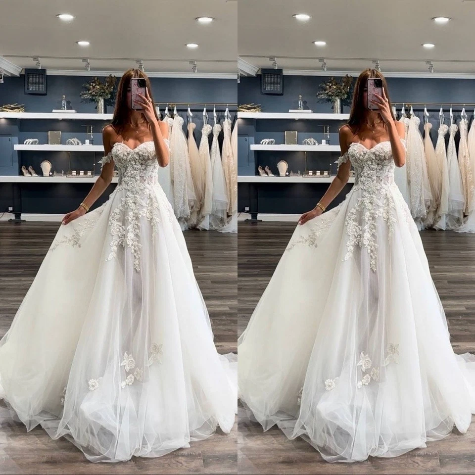 Boho Wedding Dresses Off Shoulder Lace Appliques A Line Sweep Train Bridal Gowns - Image 1 of 4