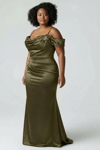 ALEX EVENINGS Formal Gown Ruched Draped Metallic Olive Green Cold Shoulder 22 W - Picture 1 of 10