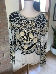 Vintage Boho Carolyne Barton Nacht Langarm Perlen Fransen Seide Top Medium - Bild 1 von 11