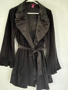 Betsey Johnson sz L Black Velour Short Robe Leopard Satin - Picture 1 of 7