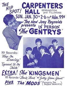 Rare 1966 Concert Handbill for The Gentrys and The Kingsmen at Carpenters Hall - Picture 1 of 2