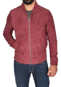 Mens Soft Goat Suede Bomber Jacket Slim Sports Varsity Baseball Coat Burgundy - Picture 1 of 7