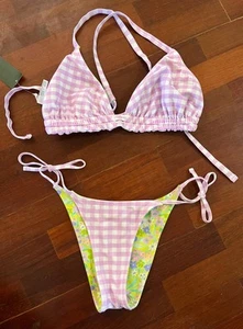 WILD FABLE REVERSIBLE FLORAL & LILAC GINGHAM M TIE BIKINI BOTTOM & XL TOP SET - Picture 1 of 9