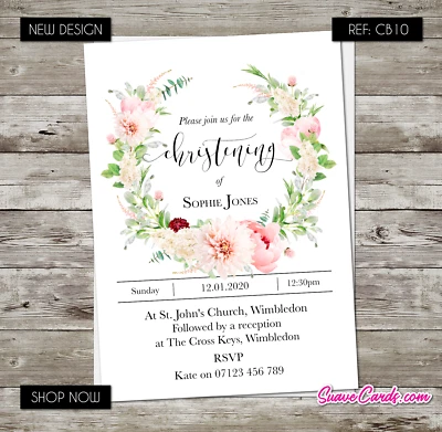 Floral Baptism Invitations Christening Holy Communion Confirmation Party Invites - Image 1 of 4
