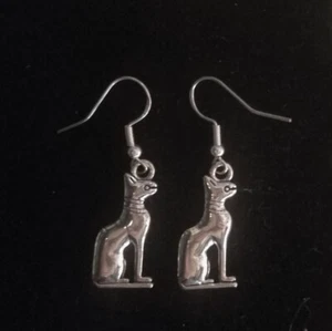 Ancient Egyptian Cat Bastet Silverplated Pierced Dangle Earrings, Goddess Bast - Picture 1 of 6