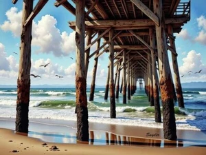 Under the Pier at San Simeon California Floyd Snyder Seascape Beah 12x16 Papier - Bild 1 von 1