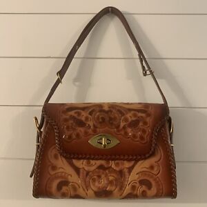 Vintage Leather Hand Tooled Floral Leaf Purse Laced Handbag Shoulder Bag Clifton