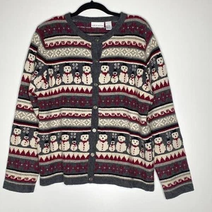 New Croft & Barrow Ramie Wool Snowman Fair Isle Cardigan Ugly Sweater Size Large - Picture 1 of 6