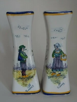 VINTAGE TWO AMAZING VASES CERAMIC HB QUIMPER FRANCE COUPLE BRETON Height: 6,90" - Image 1 of 4