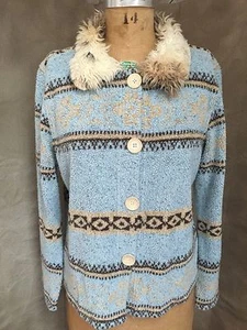 TRUE GRIT SEDONA SPIRIT SHERPA Crop CARDIGAN Sweater Shacket Fur Collar USA L - Picture 1 of 8
