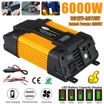 6000W Car Power Inverter 12V DC to 110V AC Power Sine Wave Converter Transformer - Image 1 of 4