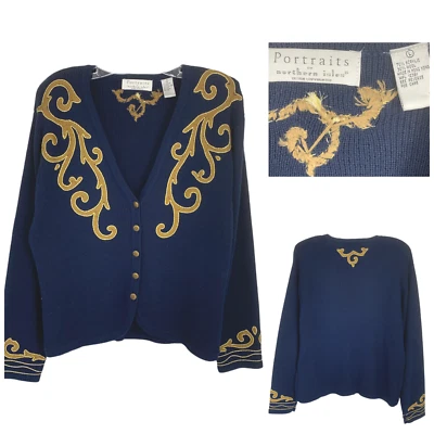Cárdigan Suéter De Colección Retratos X Islas del Norte Talla L Azul Marino Dorado Apliques Foto 1 de 4