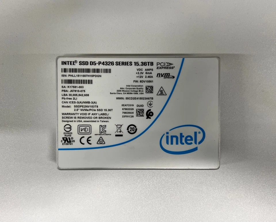 SSDPE2NV153T8 INTEL P4326 15.36TB NVME 2.5" SFF SSD SOLID STATE DRIVE - Image 1 of 1