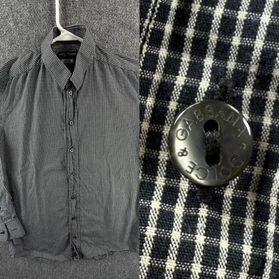 Dolce Gabbana Gold 15.75 Italy Check Cotton Blue Mens Long Sleeve Shirt Spread - Image 1 of 4