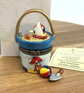 Porcelain Hinged Trinket Box Beach Pail Ball Bucket Sand Shovel - Picture 1 of 10