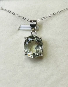 925 Sterling Silver 4.20 TCW Oval Green Amethyst Prasiolite Pendant Necklace - Picture 1 of 11
