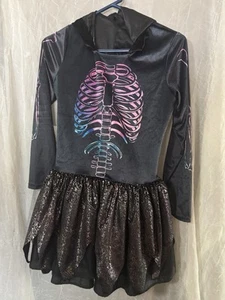 Skeleton Costume Womens 14-16 With Hood.  Skirt Has 3 Layers Bones On Sleeve - Picture 1 of 5