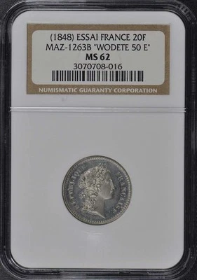 1848 France Essai 20F Maz-1263B NGC MS62 Wodete 50 E - Imagem 1 de 4