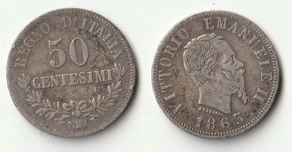 1863 N Italy 50 centesimi silver coin - Image 1 of 1