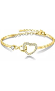 Infinity Heart Bracelet Cubic Zirconia Love Heart Link Adjustable Gold Plated - Picture 1 of 9