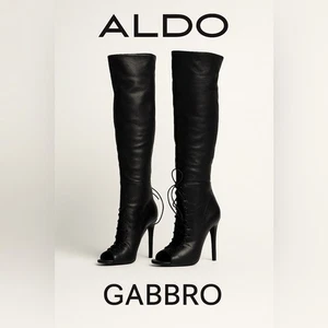 Aldo Gabbro Black Leather Over The Knee Lace-Up Peep Toe Boots 8.5M Aldo Gabbor - Picture 1 of 10