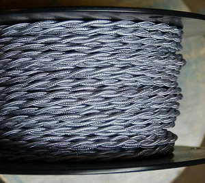 Silver Twisted Cloth Covered Wire, Vintage Style Lamp Cord, Antique Lights Rayon - Picture 1 of 5