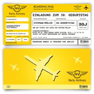 Einladungskarten zum Geburtstag als Flugticket Party Ticket Karte Gelb - Bild 1 von 3