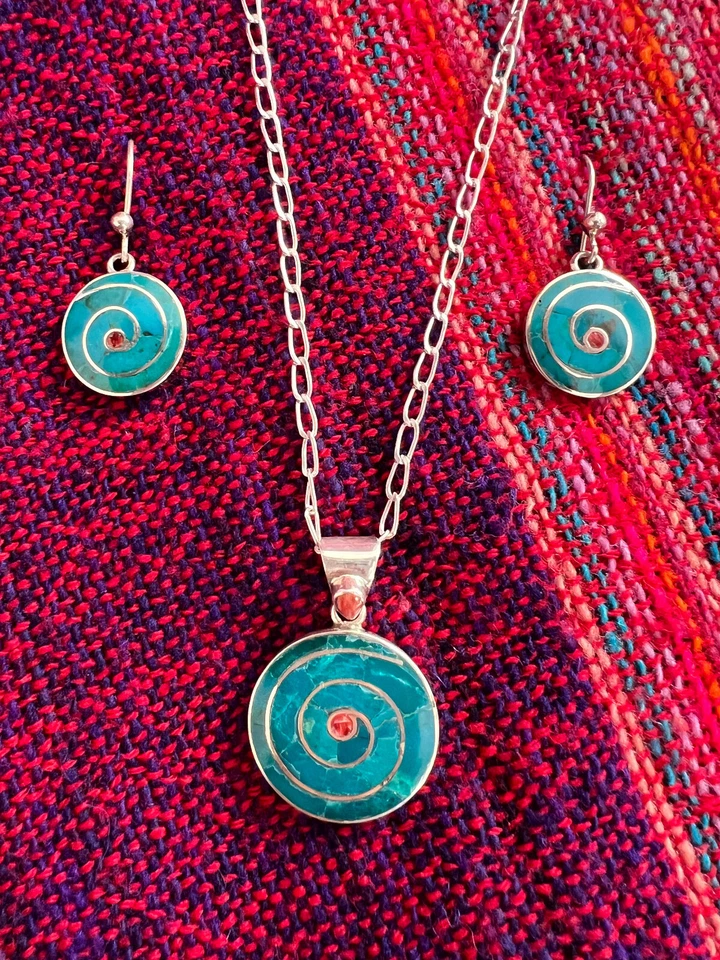 Peruvian necklace & earring set • Silver, turquoise, coral - Image 1 of 1