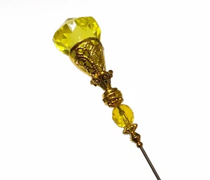 Fun LIGHT LEMON YELLOW HATPIN with Fashion Crystal in Gold Finish Setting - 8 in - Picture 1 of 11
