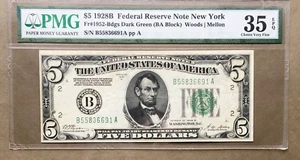 1928B $5 FRN NEW YORK   Fr. 1952-B dgs  /  PMG 35 EPQ  Ser# B 55836691 A - Picture 1 of 3