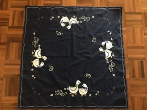 Vintage navy blue duck ducklings tablecloth square embroidery applique  - Picture 1 of 7