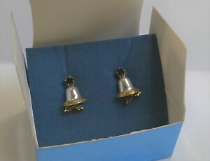 Signed Avon Happy Holidays Sparkly Silver Bell & Rhinestone Post Earrings NIB