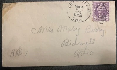 South Vienna Ohio Postal History Cover 1936 To Bidwell Ohio - Image 1 of 2