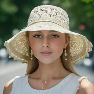 Beige Fashion Sun Protection Hollow Sun Hat Washable Breathable Wide Brim Beach - Picture 1 of 3