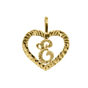 Genuine 14k Yellow Gold 0.59" Diamond-cut Initial Letter E Heart-shaped Pendant - Picture 1 of 5