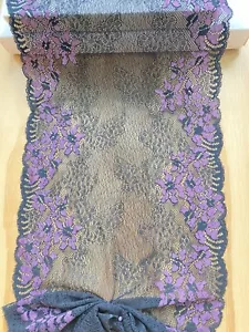 Stretch Shiny Purple & Black Floral-print Lace Trim for Sewing/Crafts/8.75" Wide - Picture 1 of 13
