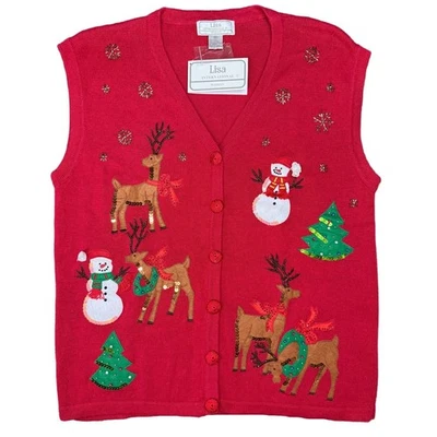 Lisa International Christmas Vest 1X Red Reindeer Snowman Tree Sequin NWT - Image 1 of 4