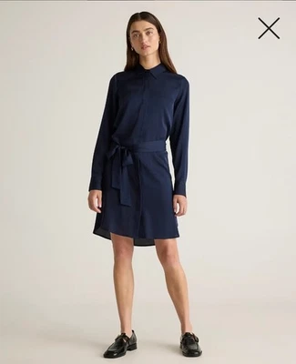 NWT! Quince Navy Stretch Silk Belted Shirt Dress! Sz. XS! (A71) - Image 1 of 4